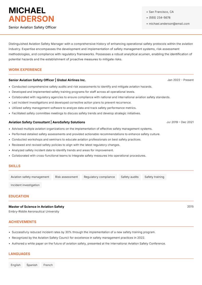Aviation Safety Manager Resume Template