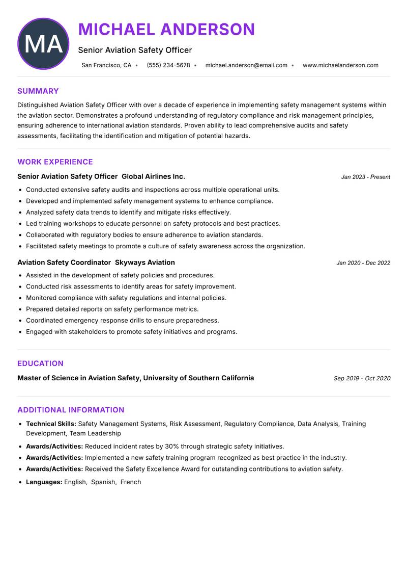 Aviation Safety Officer Resume Preview Example