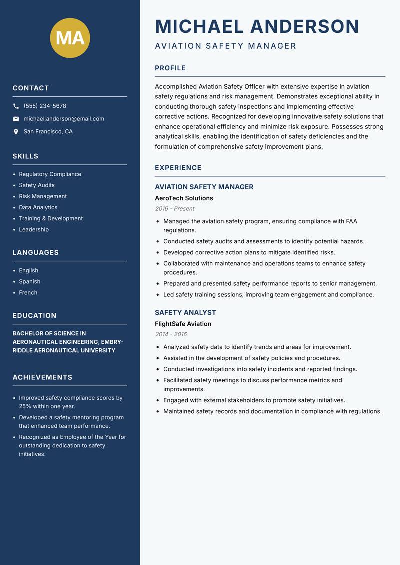 Aviation Safety Officer Resume Preview Example