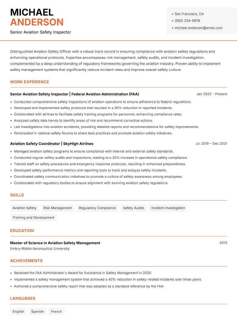 Aviation Safety Officer Resume Template