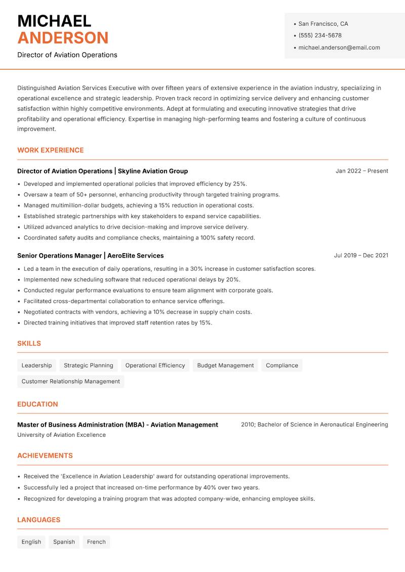 Aviation Services Executive Resume Template