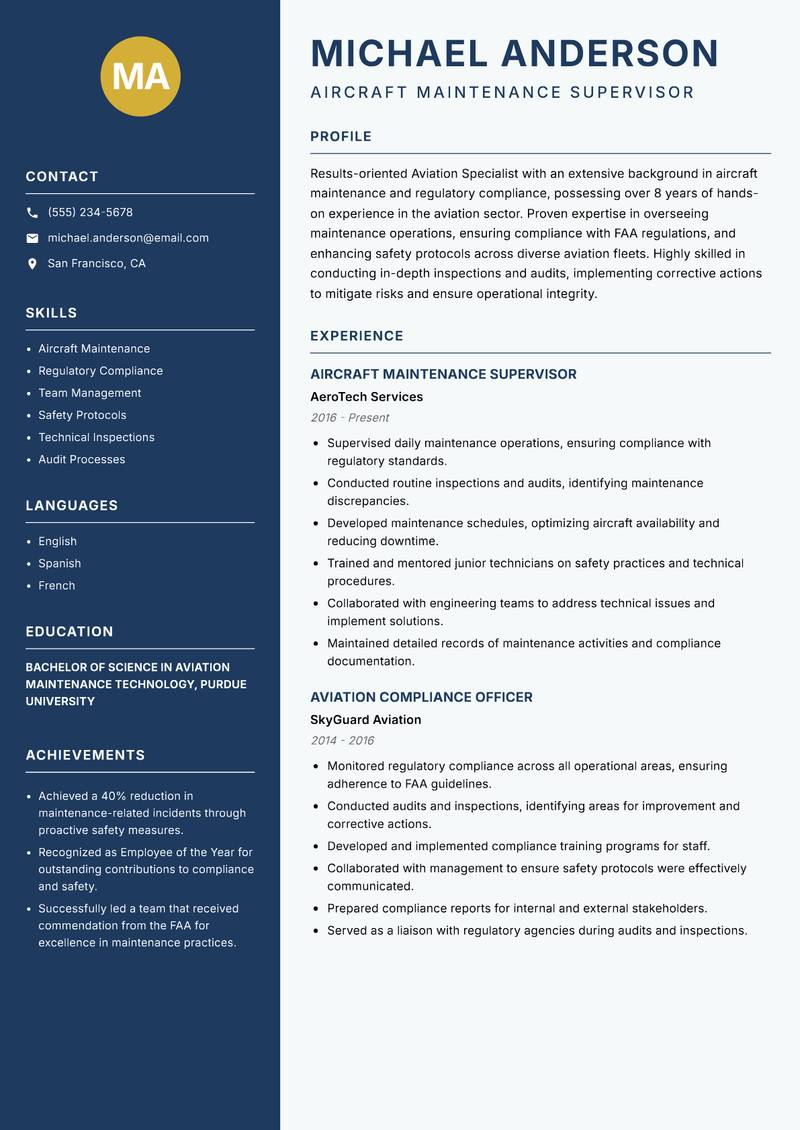 Aviation Specialist Resume Preview Example