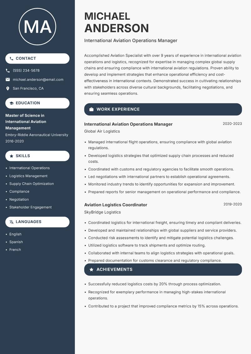 Aviation Specialist Resume Preview Example