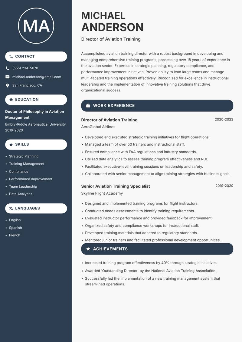 Aviation Trainer Resume Preview Example