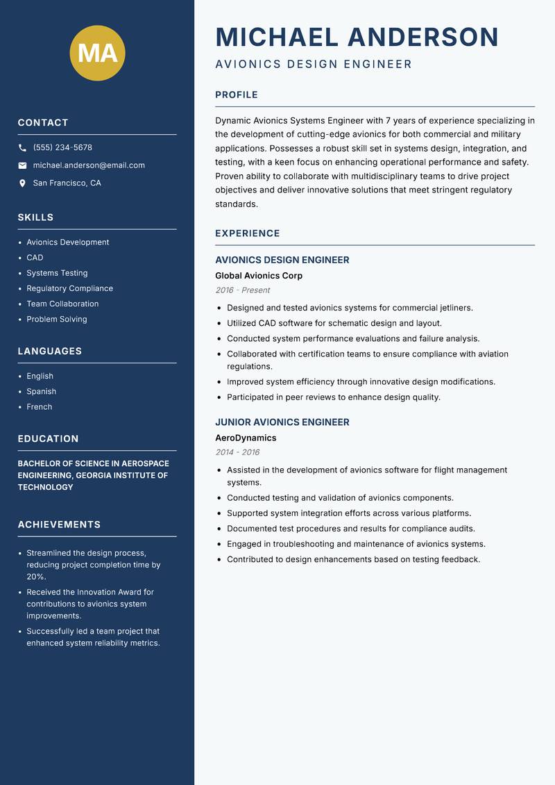 Avionics Systems Engineer Resume Preview Example