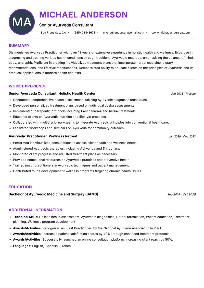 Ayurveda Practitioner Resume Preview Example