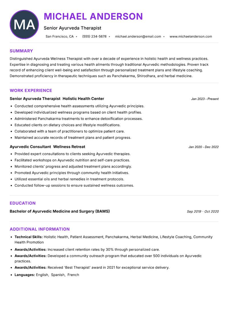 Ayurveda Wellness Therapist Resume Preview Example