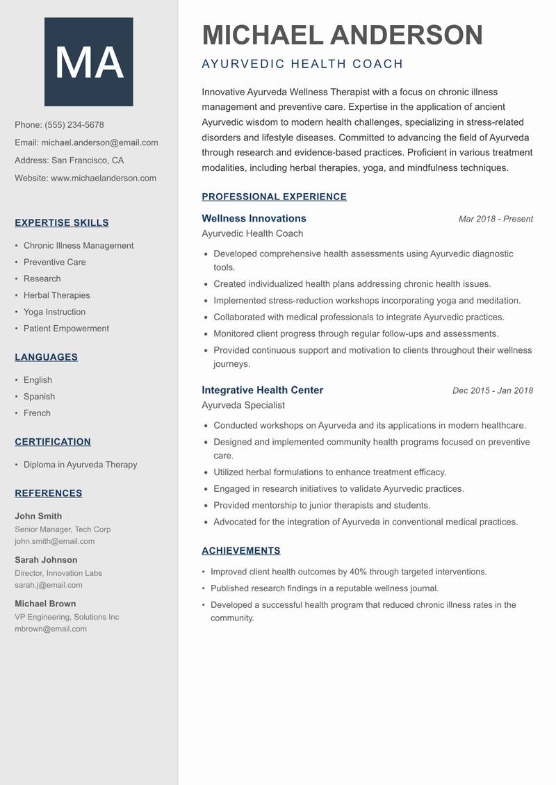 Ayurveda Wellness Therapist Resume Preview Example