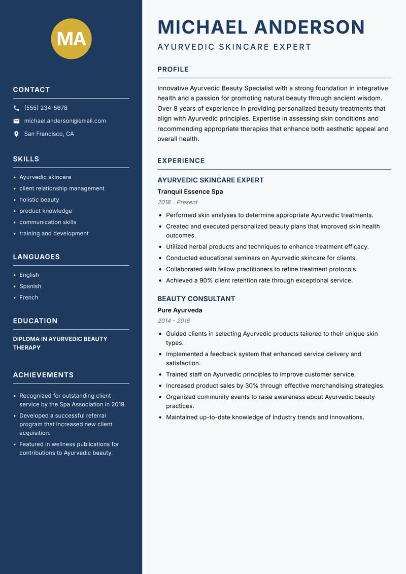 Ayurvedic Beauty Specialist Resume Preview Example