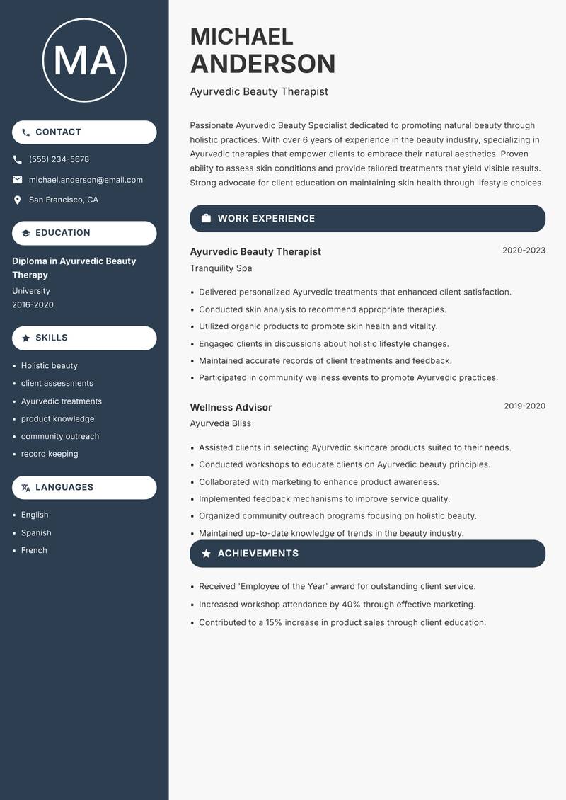 Ayurvedic Beauty Specialist Resume Preview Example
