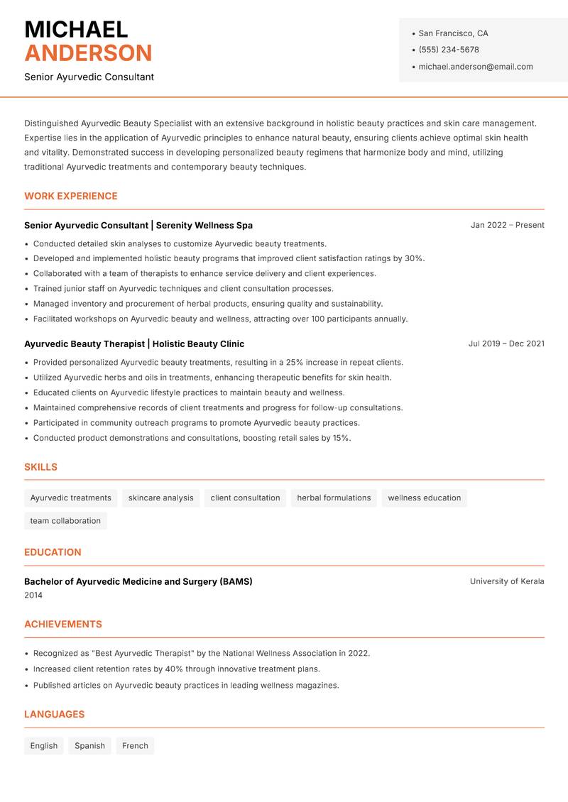 Ayurvedic Beauty Specialist Resume Template