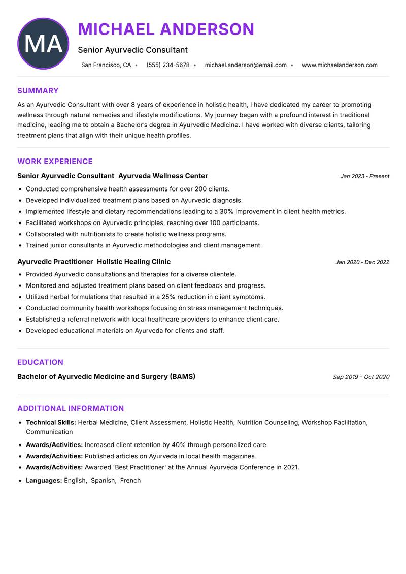 Ayurvedic Consultant Resume Preview Example