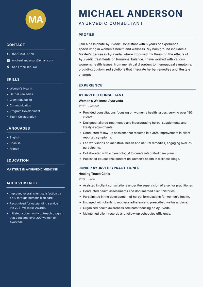 Ayurvedic Consultant Resume Preview Example