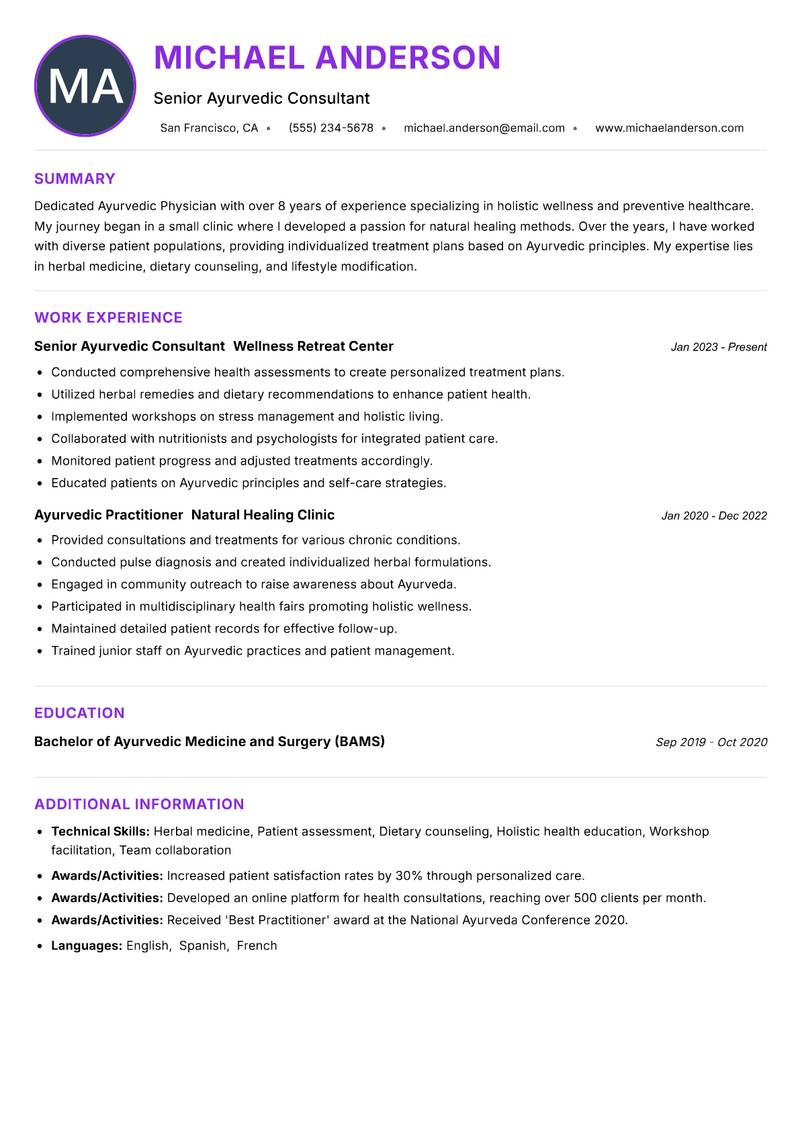Ayurvedic Physician Resume Preview Example