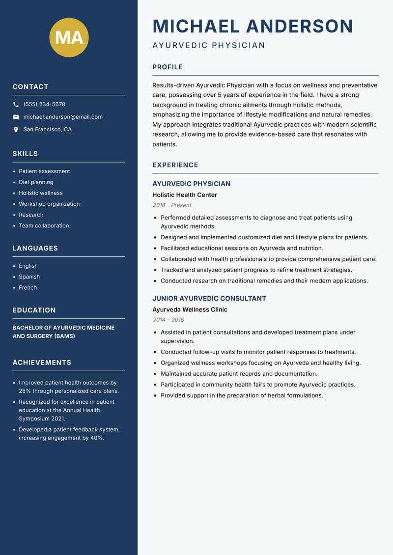 Ayurvedic Physician Resume Preview Example