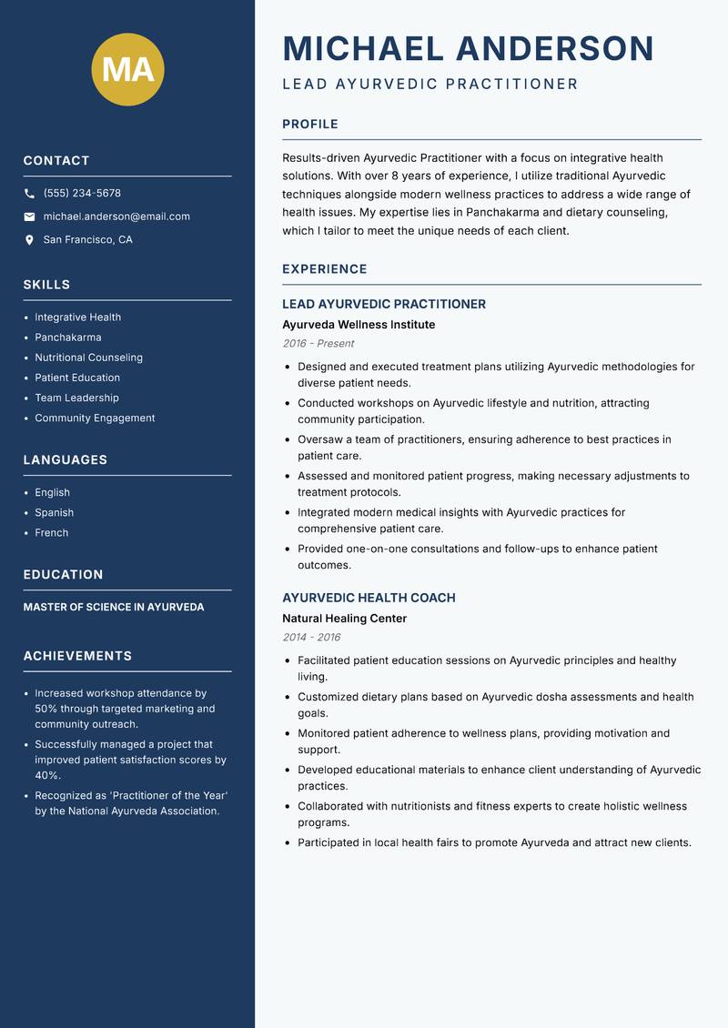 Ayurvedic Practitioner Resume Preview Example