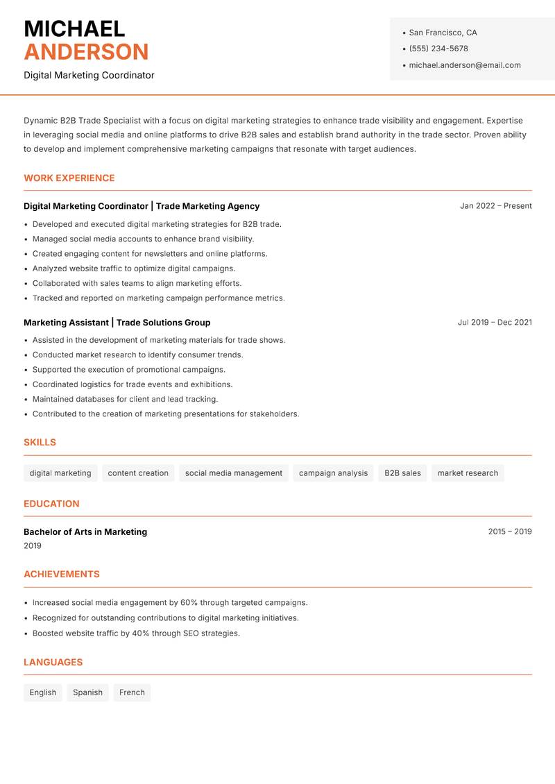 B2B Trade Specialist Resume Template