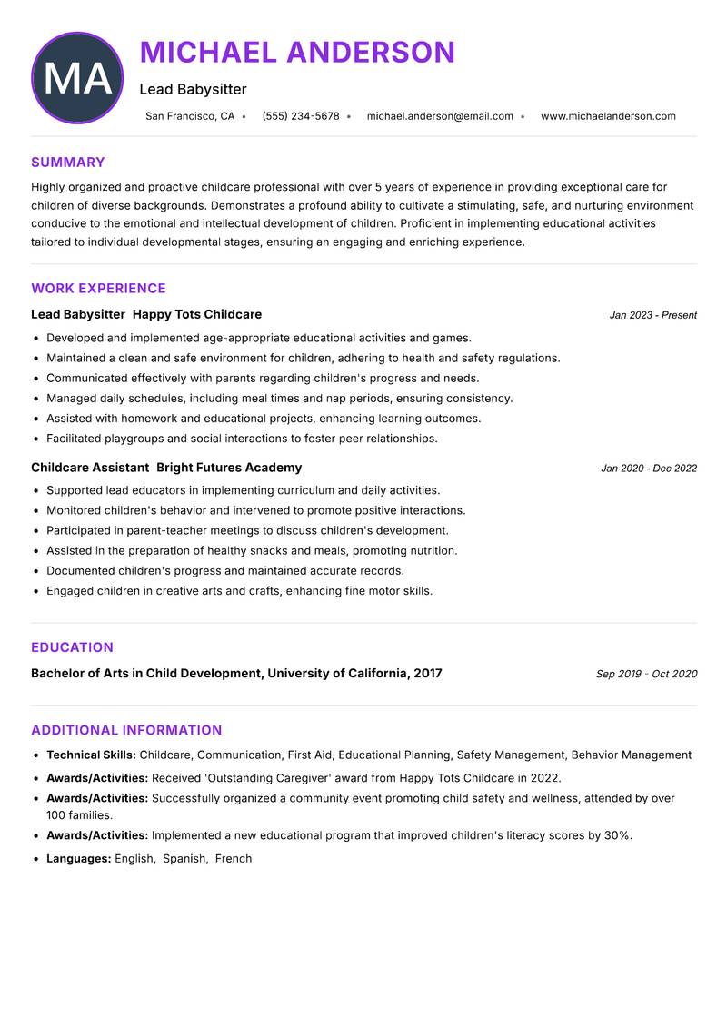 Babysitter Resume Preview Example
