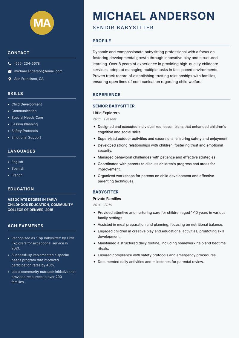 Babysitter Resume Preview Example