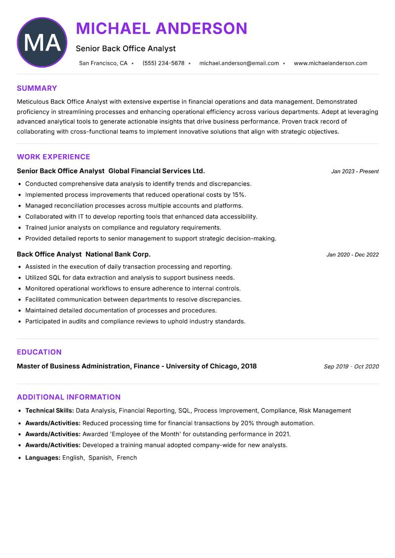 Back Office Analyst Resume Preview Example
