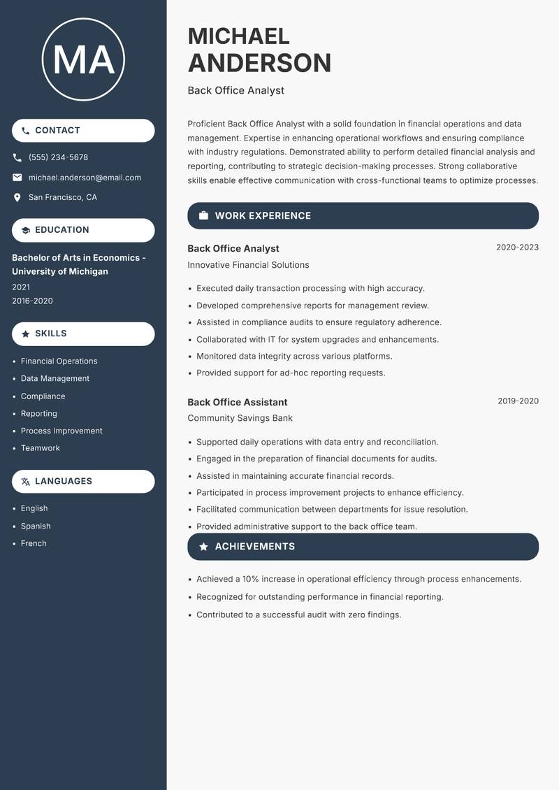 Back Office Analyst Resume Preview Example