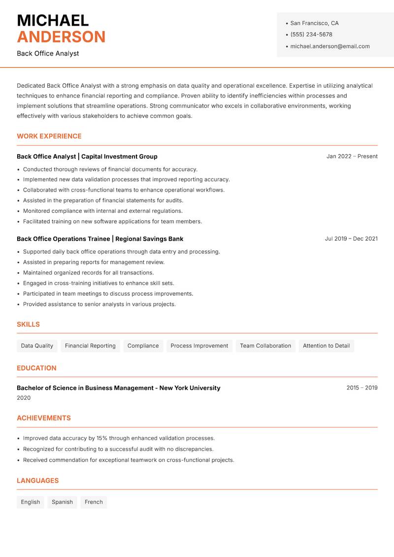 Back Office Analyst Resume Template