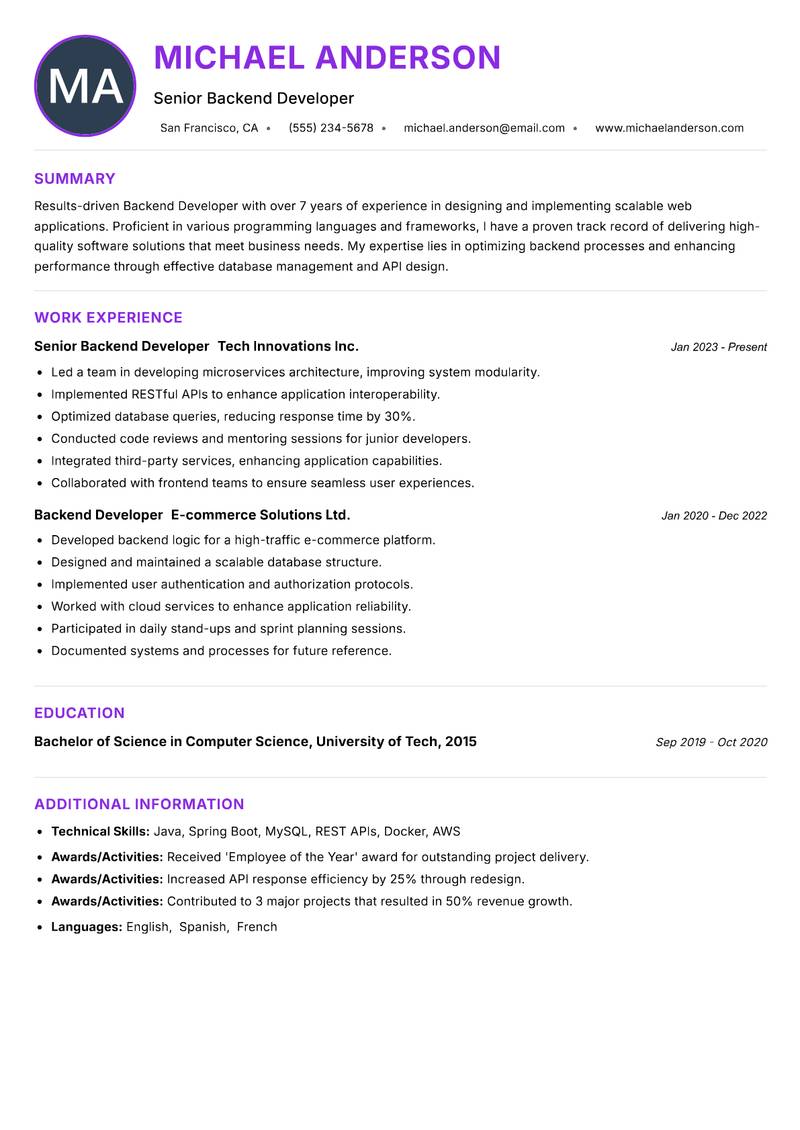 Backend Developer Resume Preview Example