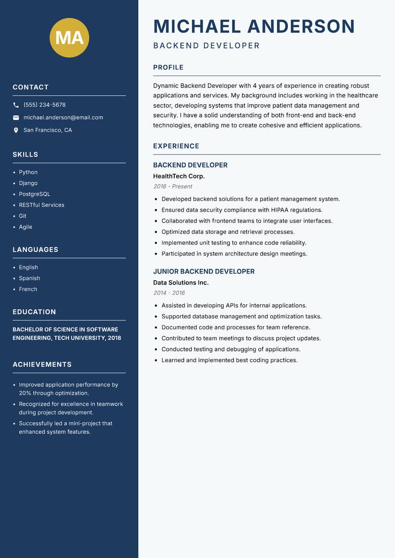 Backend Developer Resume Preview Example