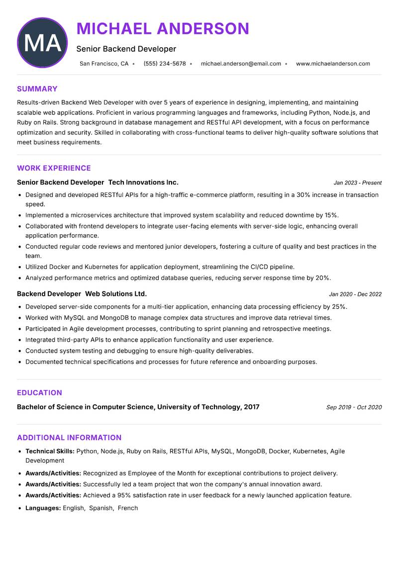 Backend Web Developer Resume Preview Example
