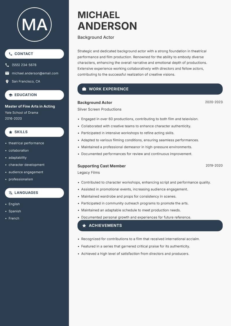 Background Actor Resume Preview Example