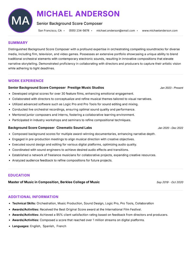 Background Score Composer Resume Preview Example