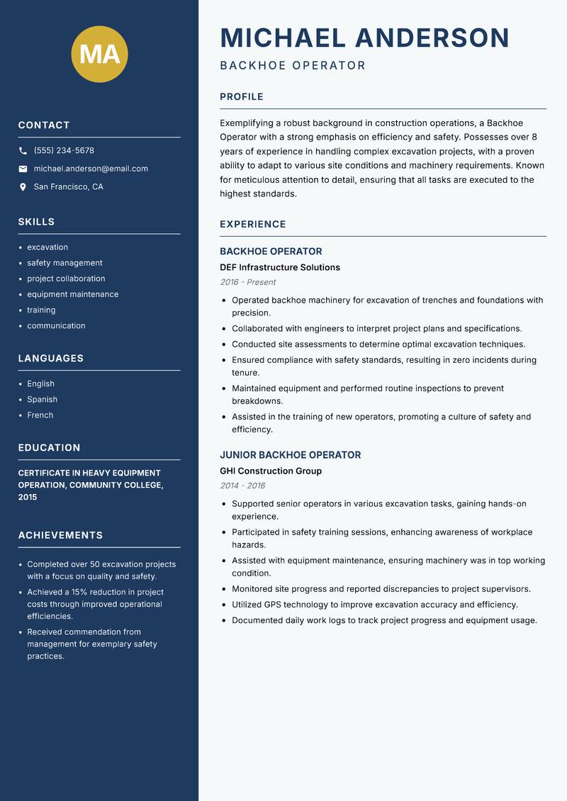 Backhoe Operator Resume Preview Example