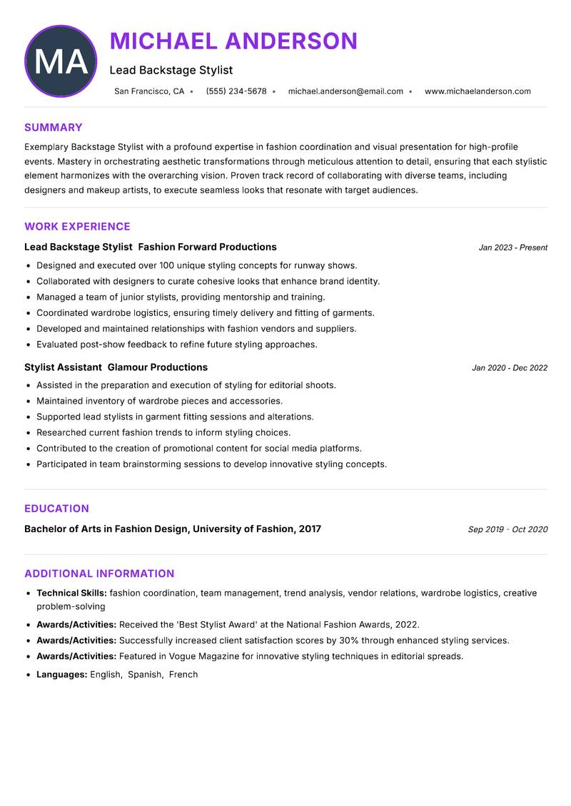Backstage Stylist Resume Preview Example