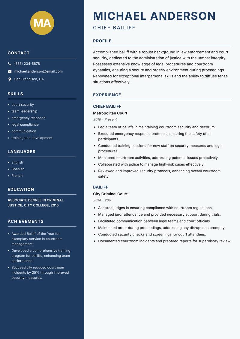 Bailiff Resume Preview Example