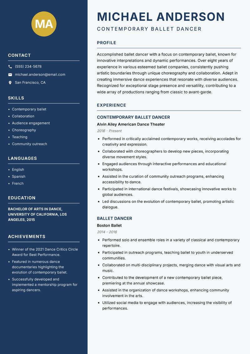Ballet Dancer Resume Preview Example