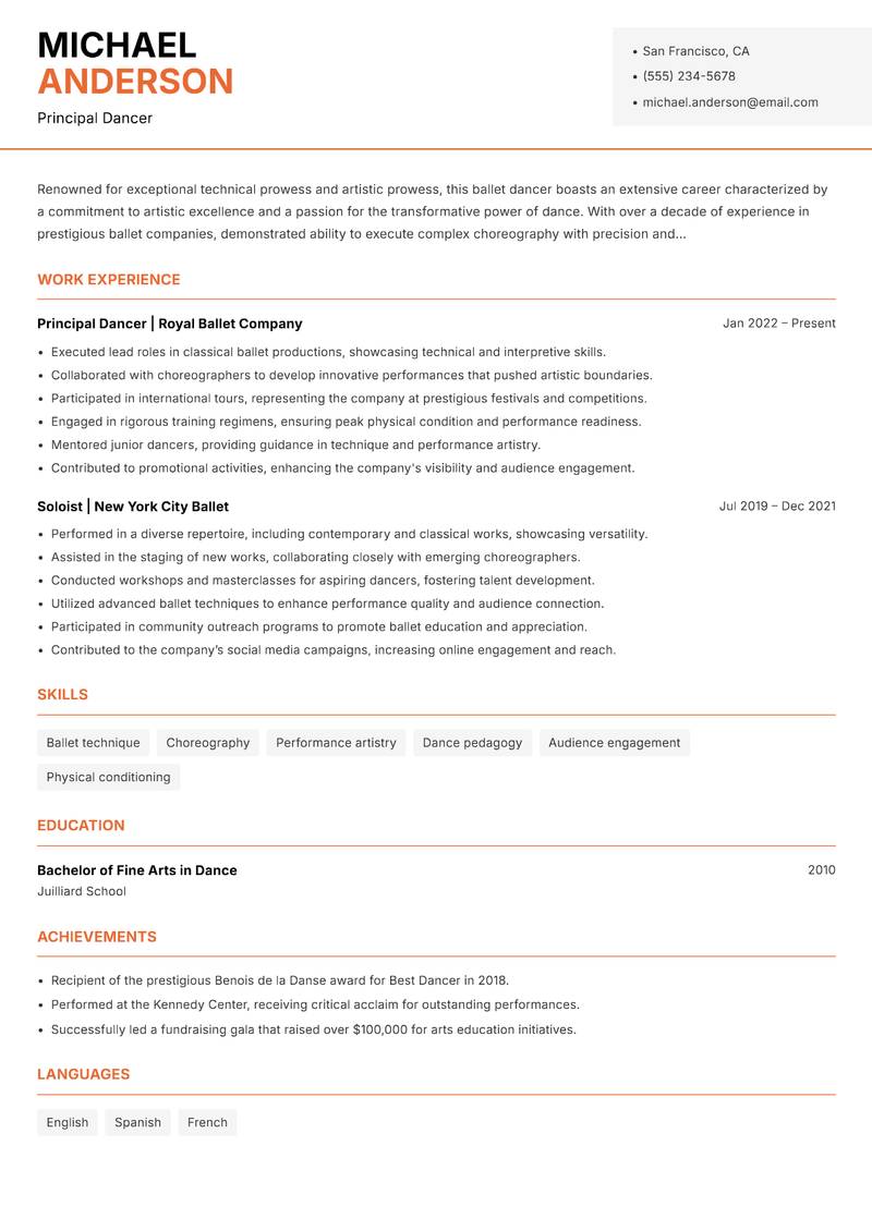 Ballet Dancer Resume Template