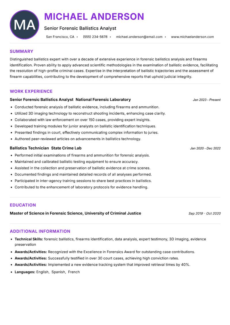 Ballistics Expert Resume Preview Example