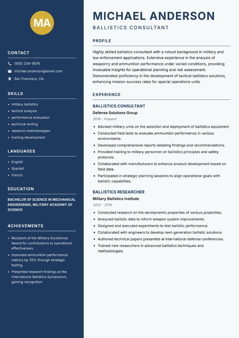 Ballistics Expert Resume Preview Example