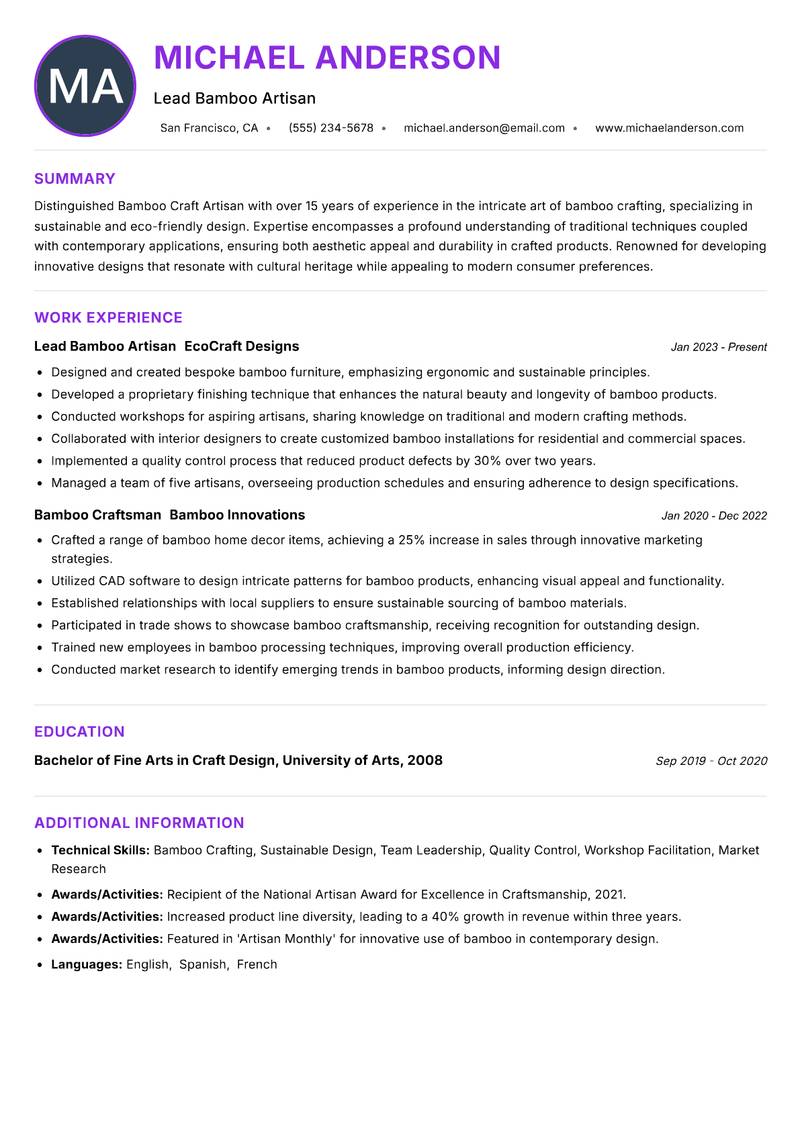 Bamboo Craft Artisan Resume Preview Example