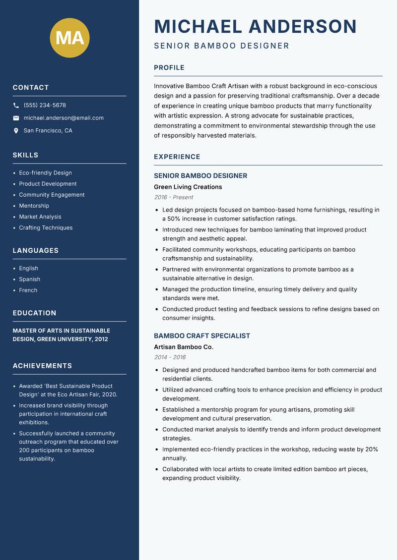Bamboo Craft Artisan Resume Preview Example