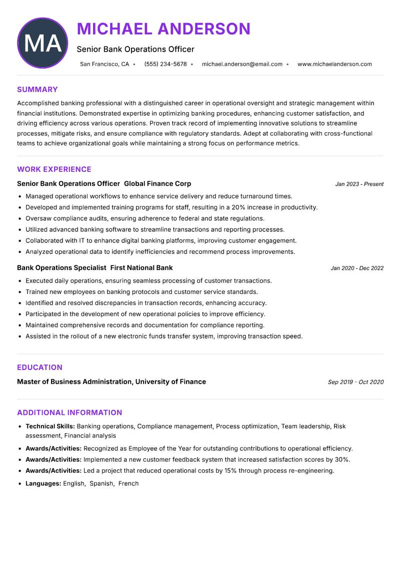 Bank Operations Officer Resume Preview Example