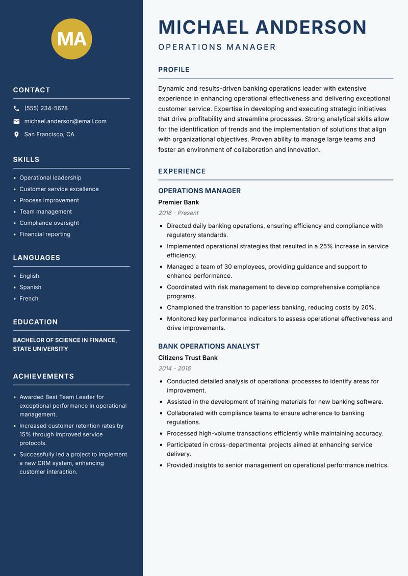 Bank Operations Officer Resume Preview Example