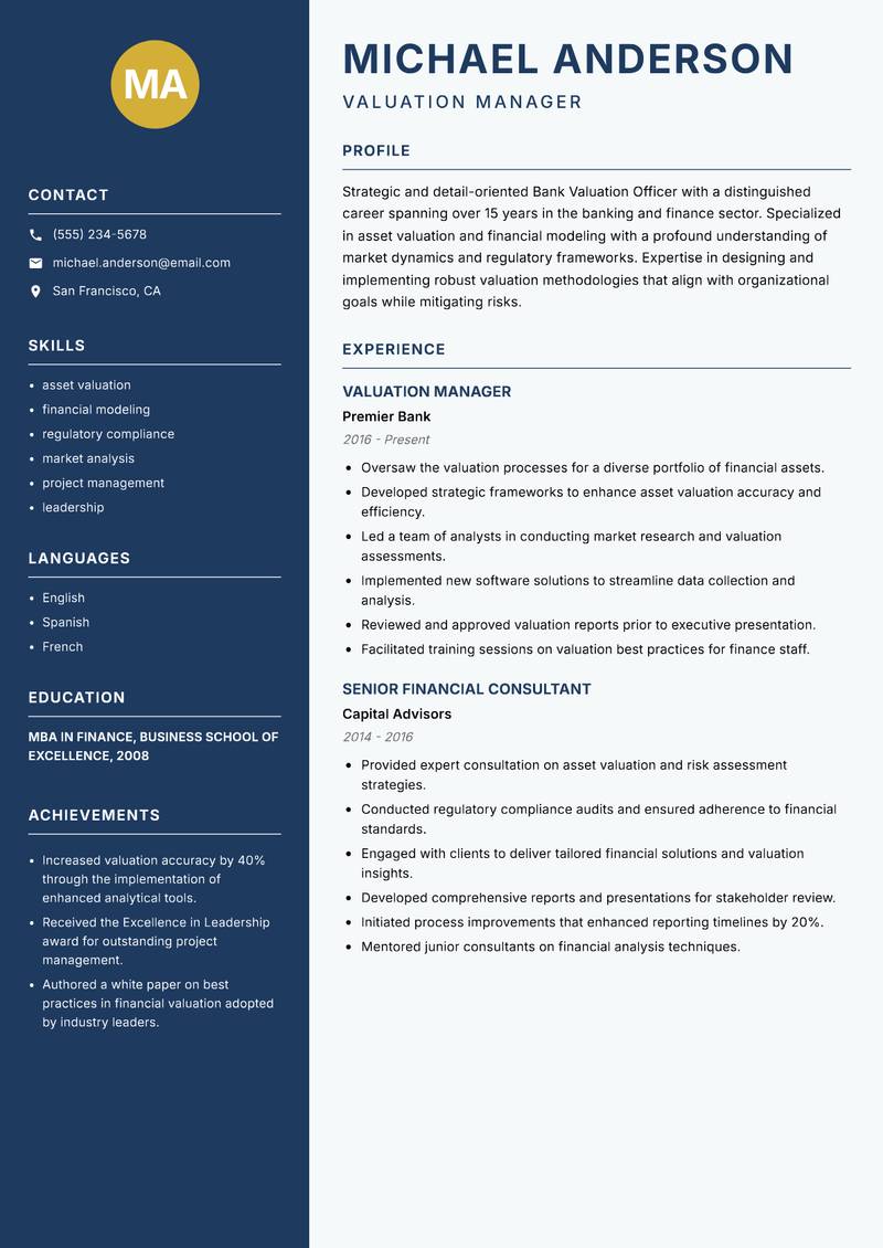 Bank Valuation Officer Resume Preview Example