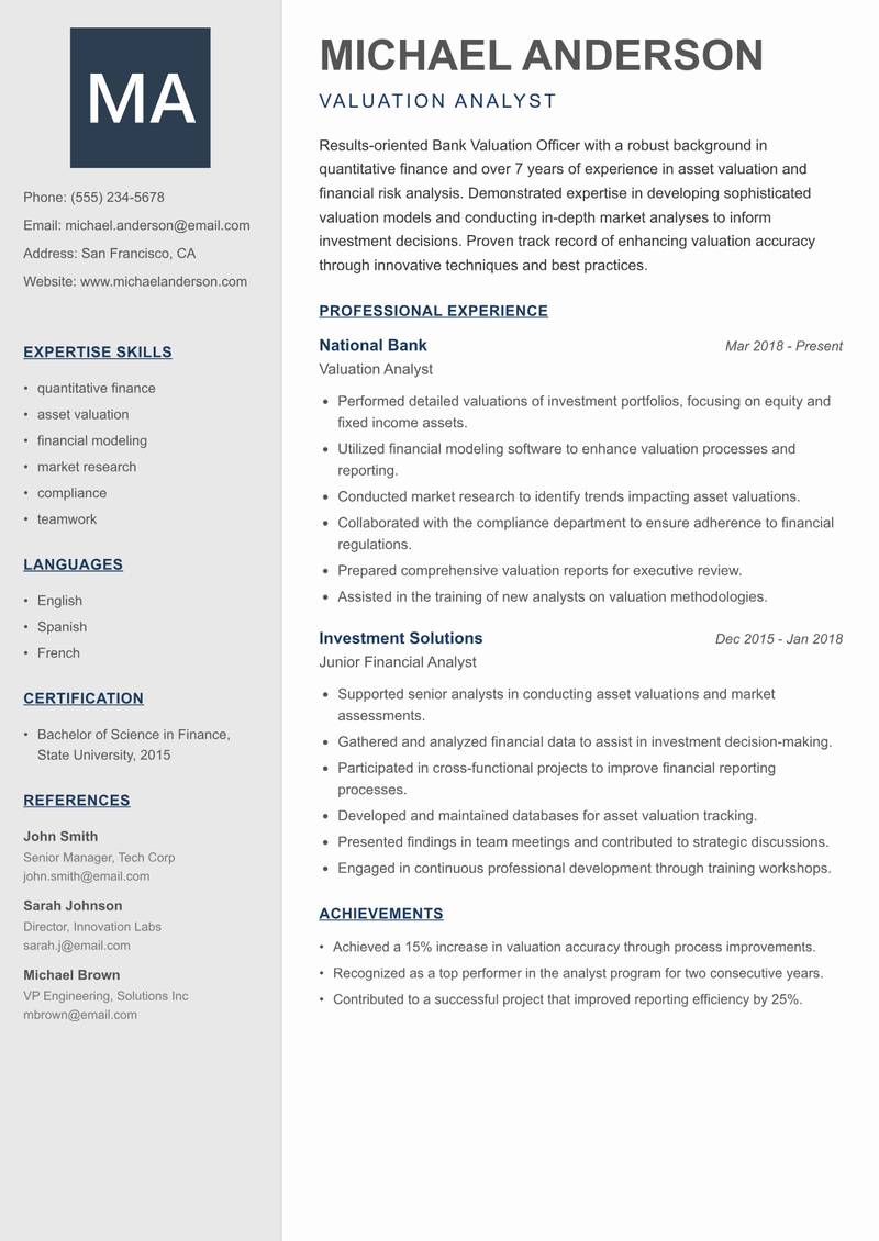 Bank Valuation Officer Resume Preview Example