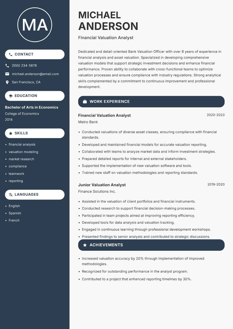 Bank Valuation Officer Resume Preview Example