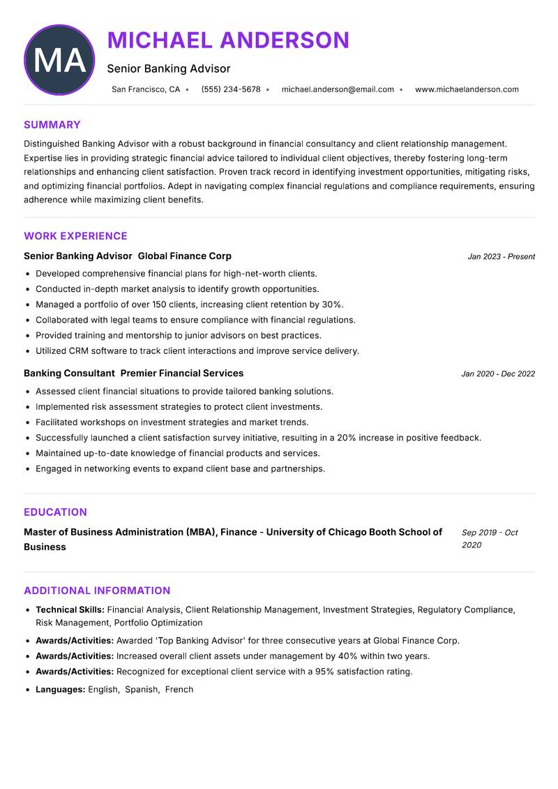 Banking Advisor Resume Preview Example
