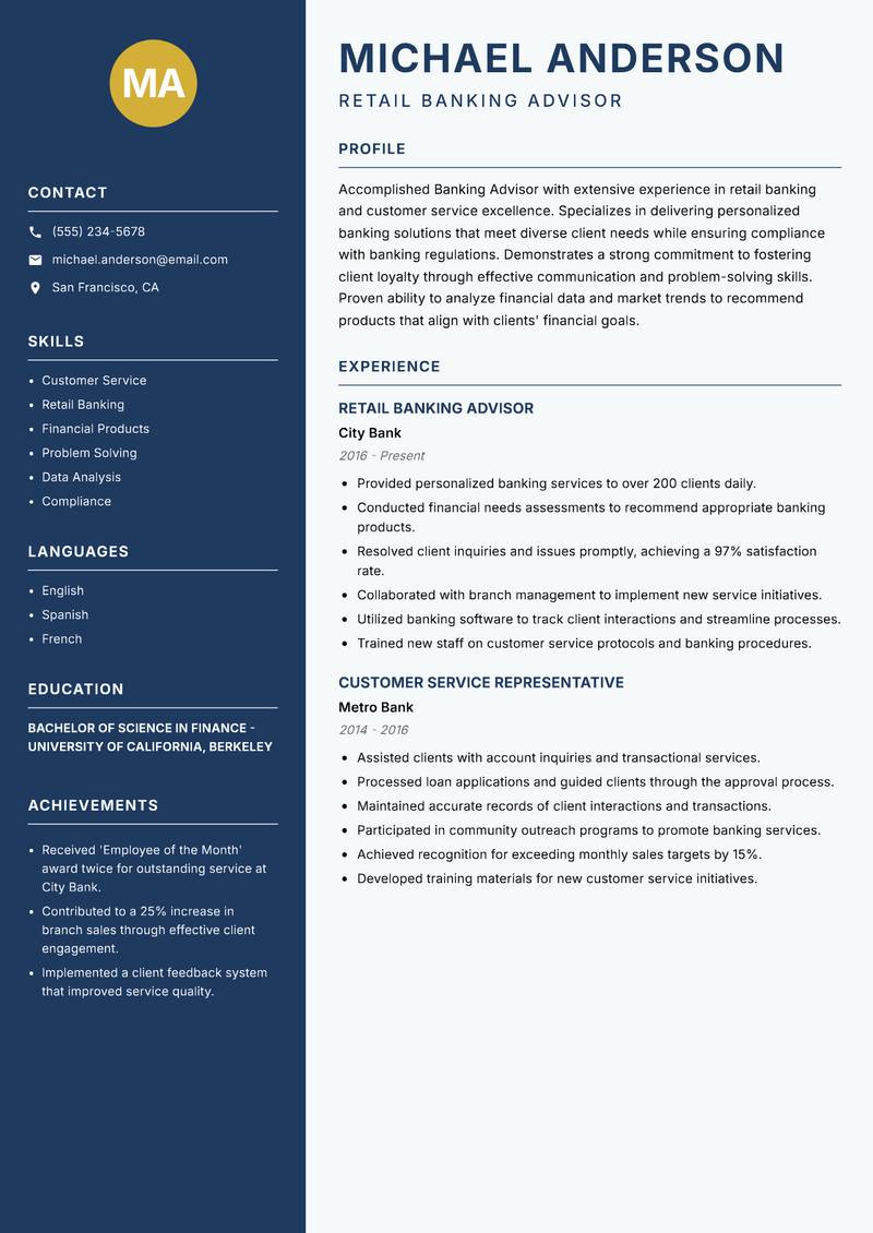 Banking Advisor Resume Preview Example