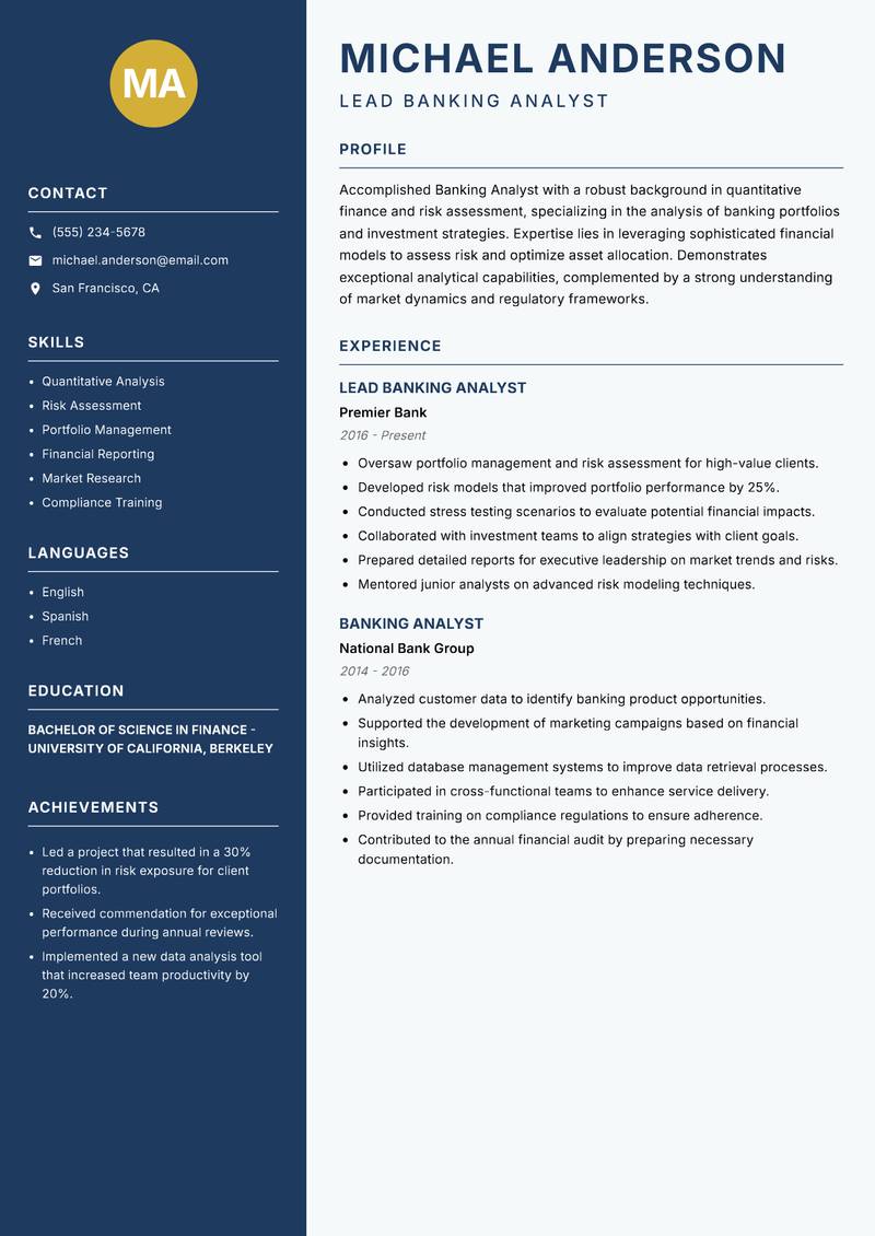 Banking Analyst Resume Preview Example