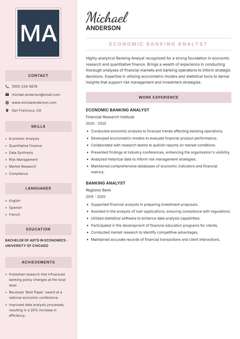 Banking Analyst Resume Preview Example