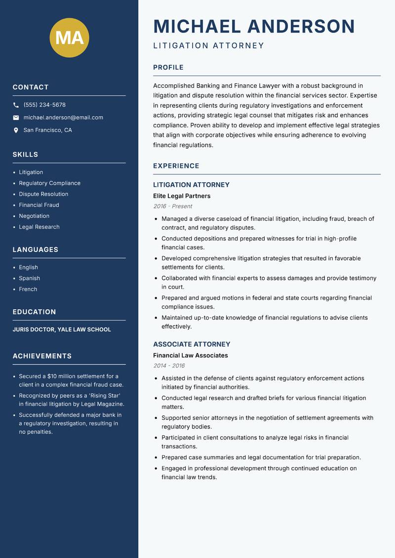 Banking and Finance Lawyer Resume Preview Example